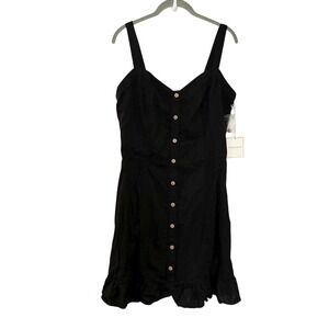 Angel Kiss Solid Black Ruffle Hem Button Front Smocked Linen Blend Sun Dress L